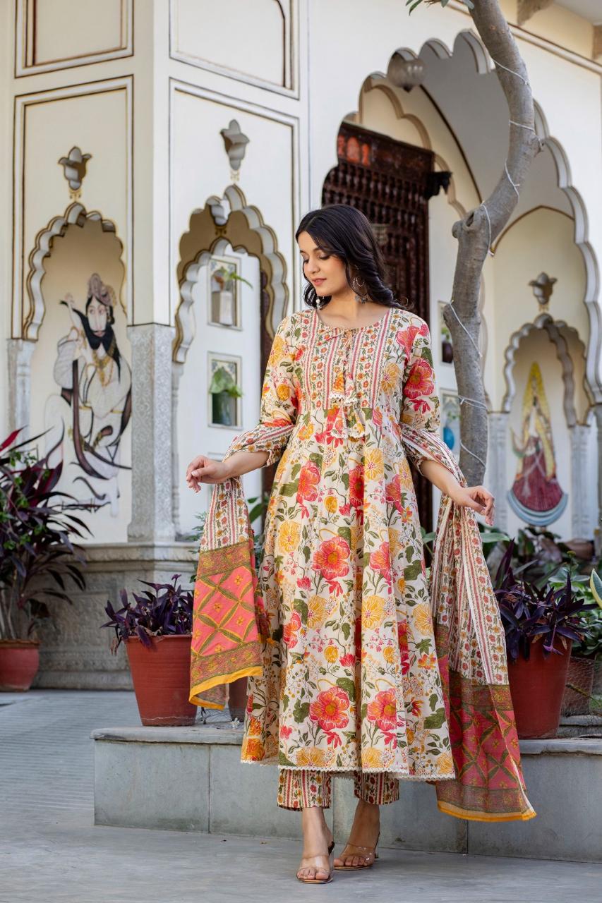 Ivory Multi-Color Floral Jaipuri Cotton Anarkali Set with Dupatta