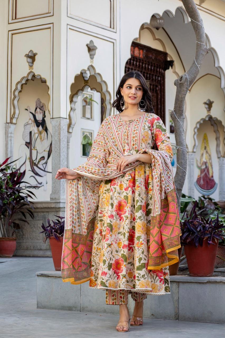 Ivory Multi-Color Floral Jaipuri Cotton Anarkali Set with Dupatta