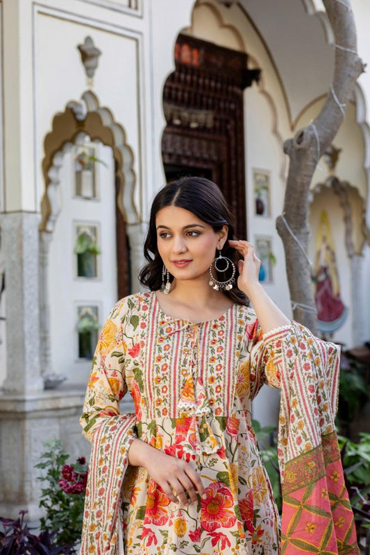 Ivory Multi-Color Floral Jaipuri Cotton Anarkali Set with Dupatta