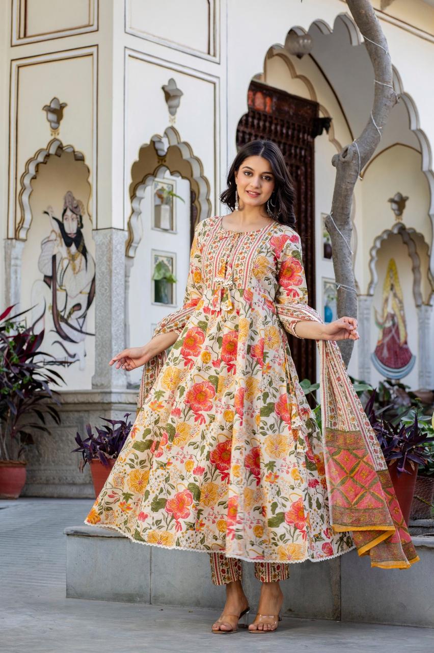 Ivory Multi-Color Floral Jaipuri Cotton Anarkali Set with Dupatta