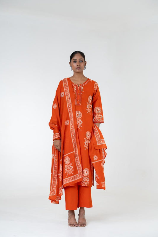 Ruhani Orange Pure Jaipuri Cotton Suit Set with Dupatta