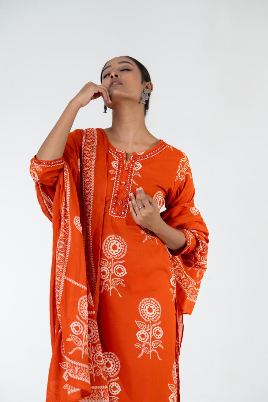 Ruhani Orange Pure Jaipuri Cotton Suit Set with Dupatta
