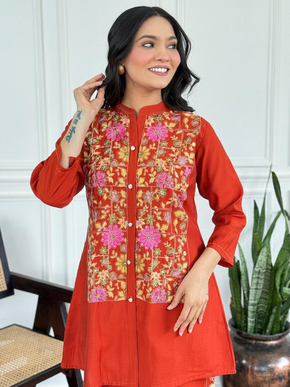 Rust Blossom Silk Embroidered Coord Set