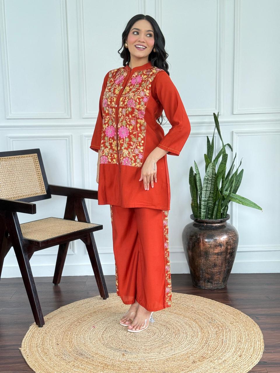 Rust Blossom Silk Embroidered Coord Set