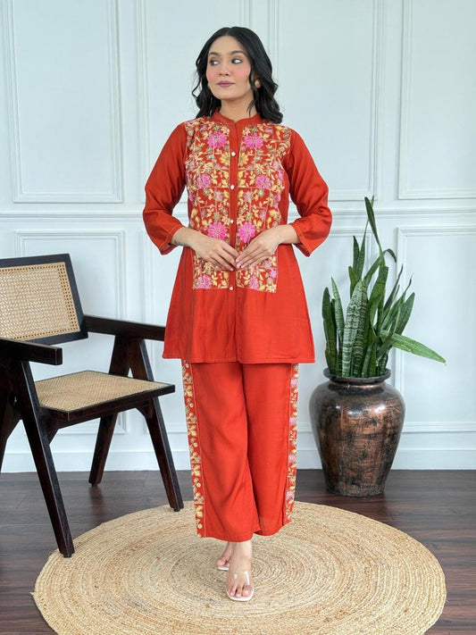 Rust Blossom Silk Embroidered Coord Set