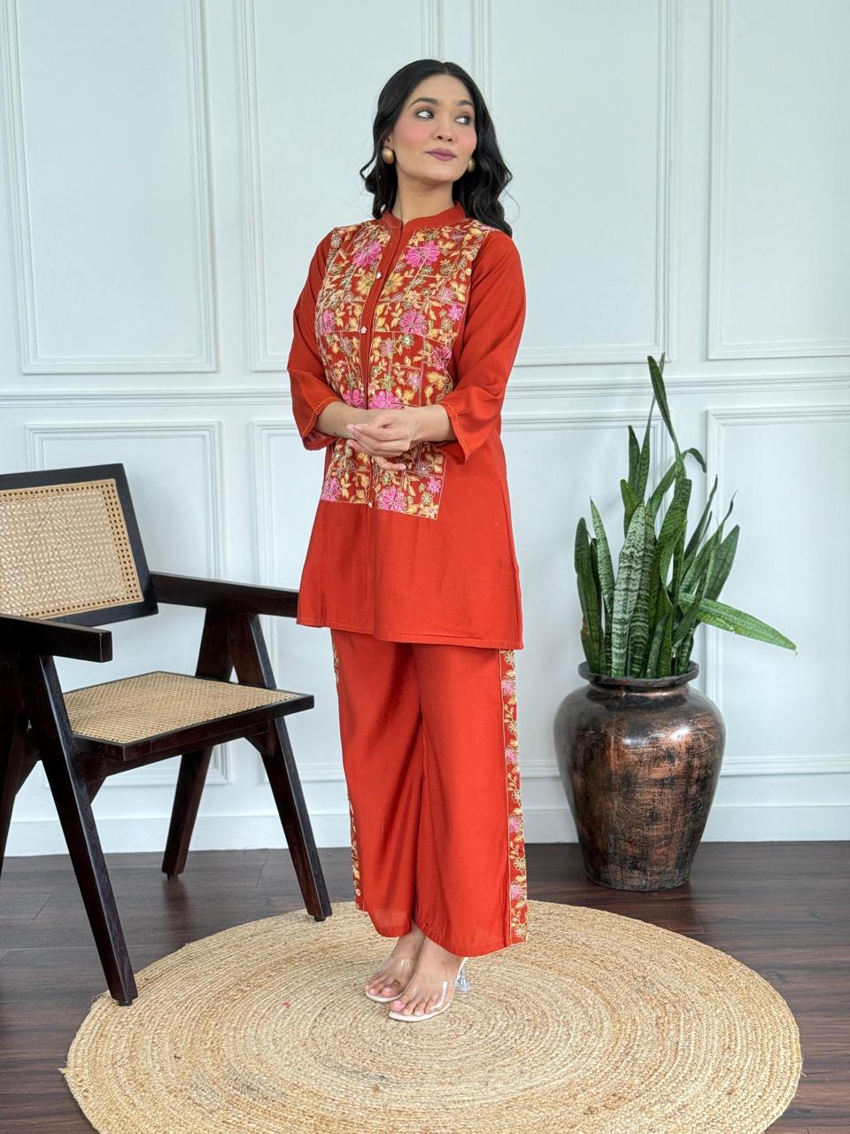 Rust Blossom Silk Embroidered Coord Set