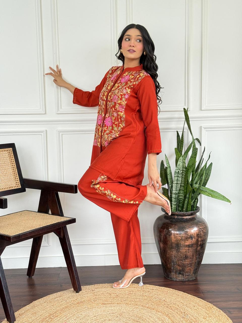 Rust Blossom Silk Embroidered Coord Set