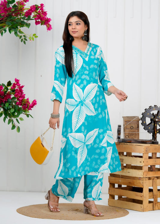 Turquoise Leaf Print Liva Rayon Coord Set