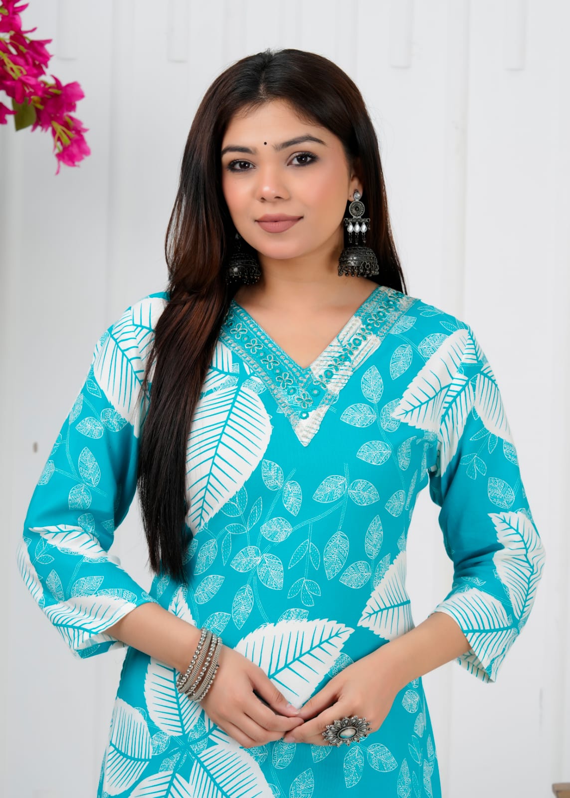 Turquoise Leaf Print Liva Rayon Coord Set