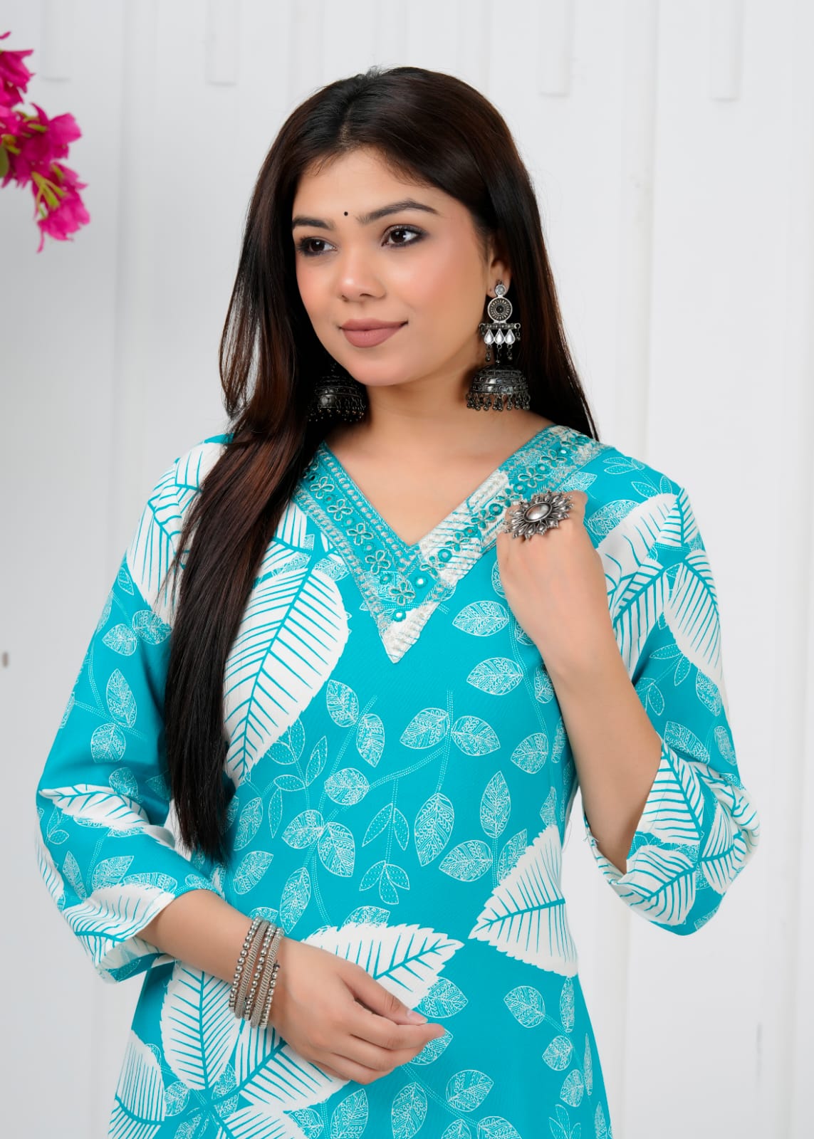 Turquoise Leaf Print Liva Rayon Coord Set