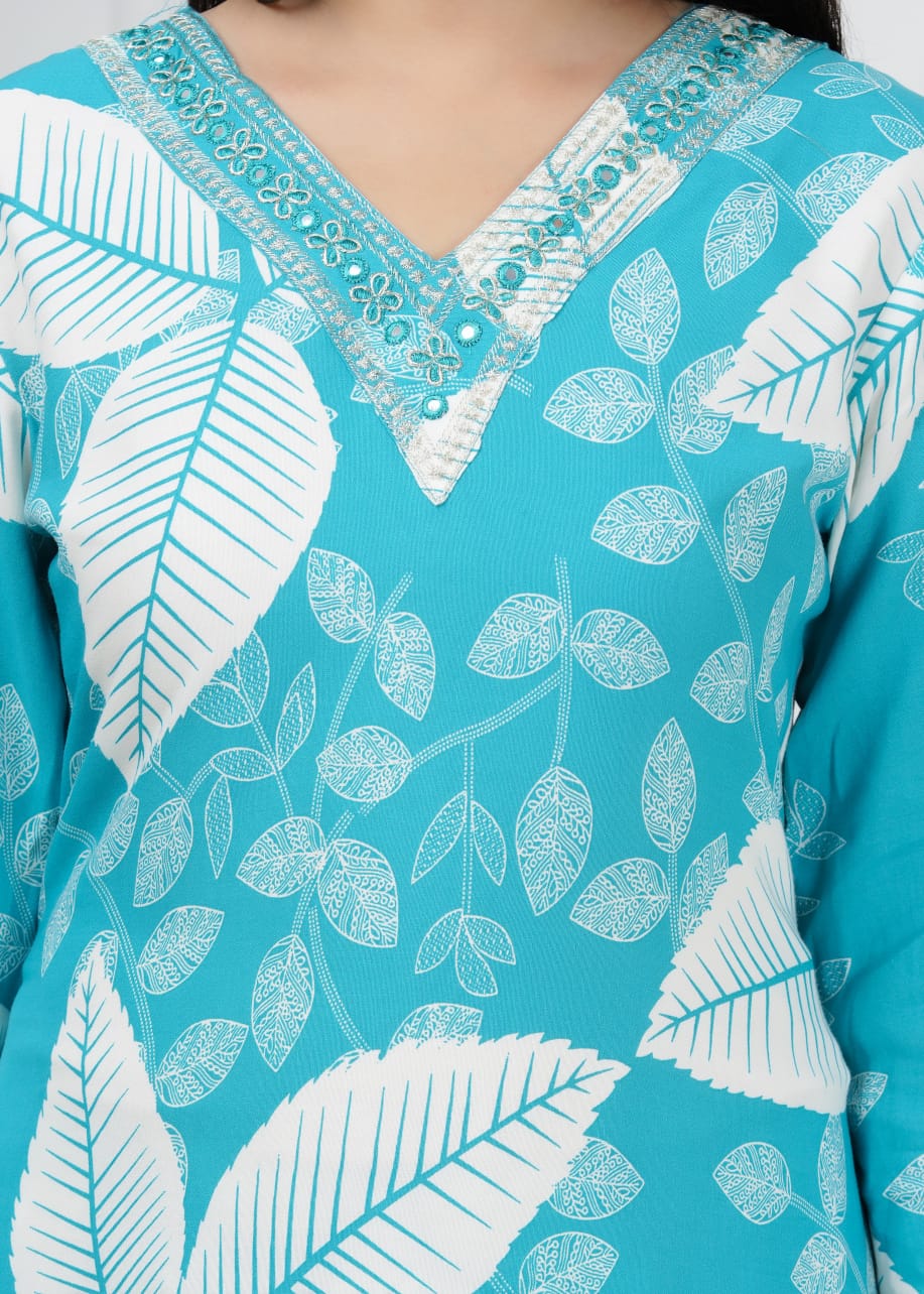 Turquoise Leaf Print Liva Rayon Coord Set