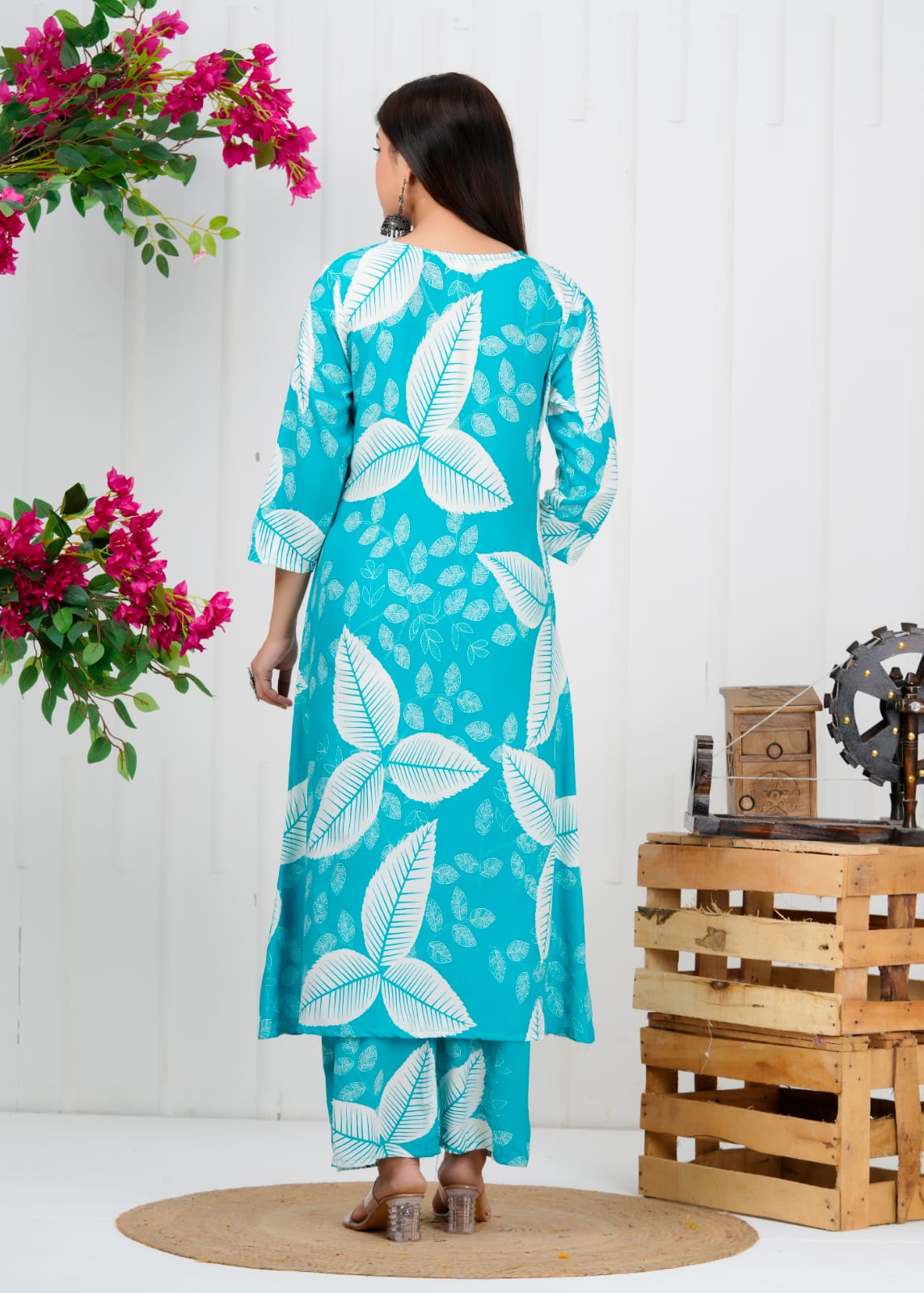 Turquoise Leaf Print Liva Rayon Coord Set