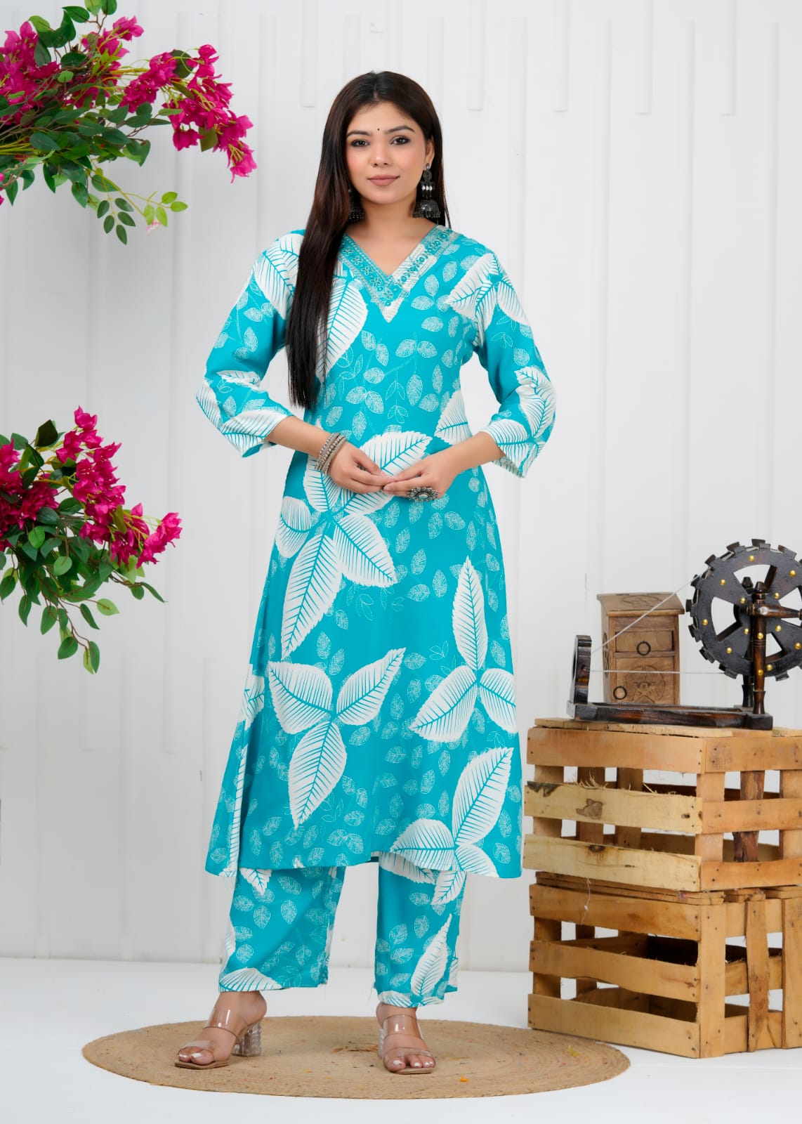 Turquoise Leaf Print Liva Rayon Coord Set