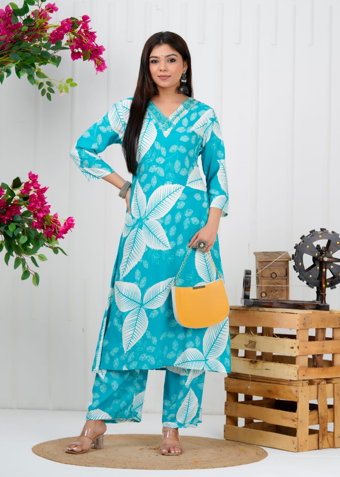 Turquoise Leaf Print Liva Rayon Coord Set