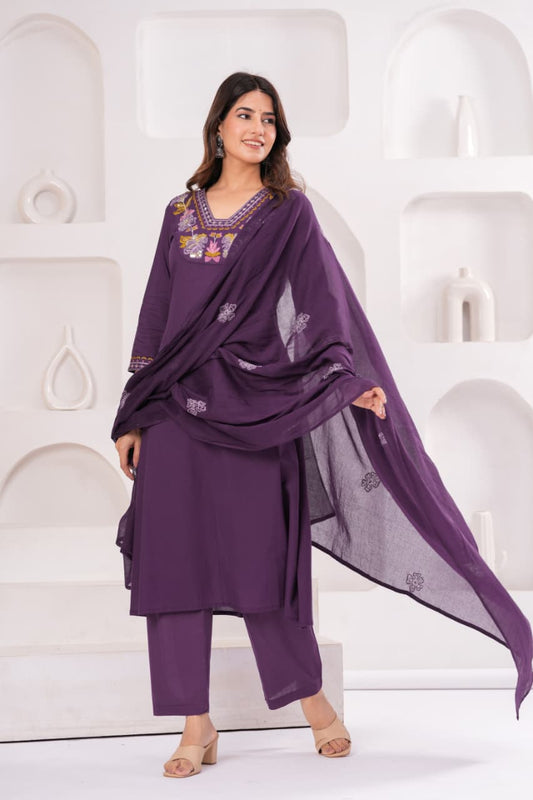 Royal Purple Pure Cotton Suit Set with Embroidery Patch Work