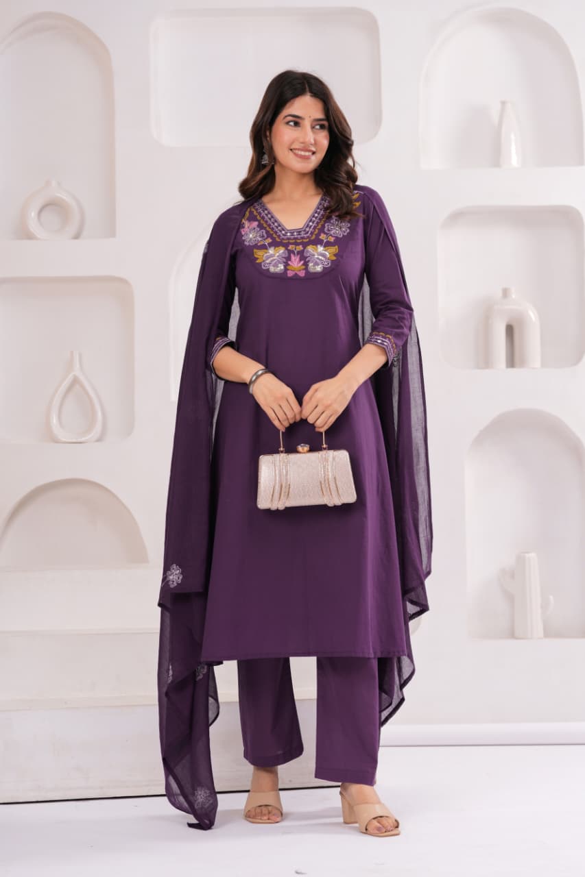 Royal Purple Pure Cotton Suit Set with Embroidery Patch Work