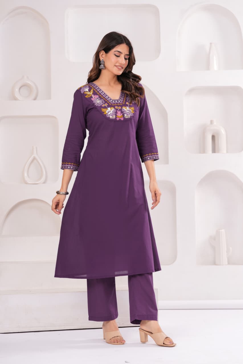 Royal Purple Pure Cotton Suit Set with Embroidery Patch Work