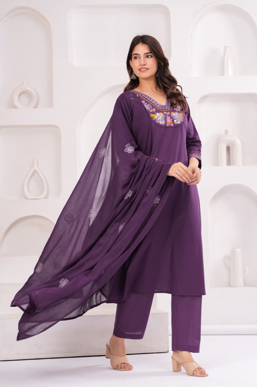 Royal Purple Pure Cotton Suit Set with Embroidery Patch Work