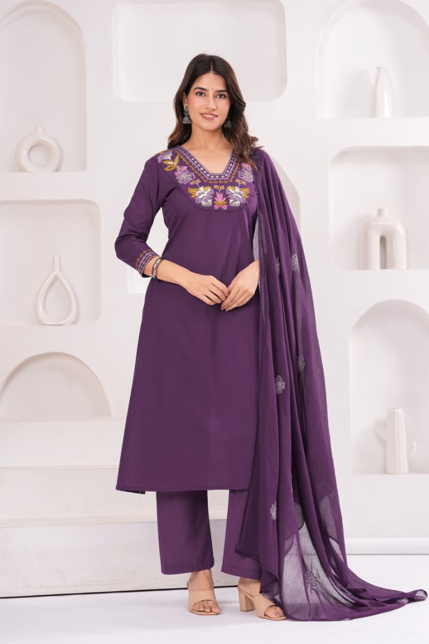 Royal Purple Pure Cotton Suit Set with Embroidery Patch Work