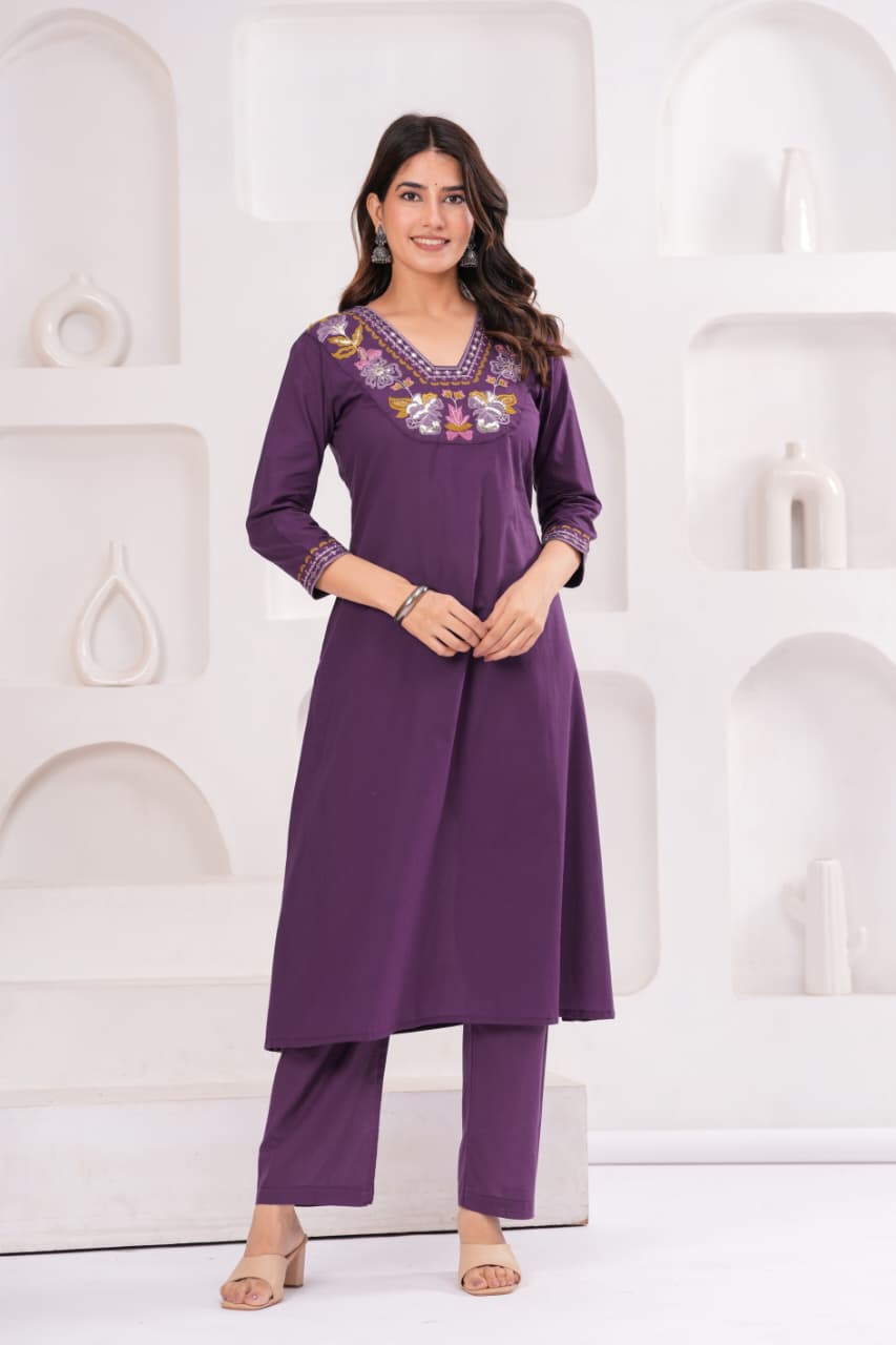 Royal Purple Pure Cotton Suit Set with Embroidery Patch Work