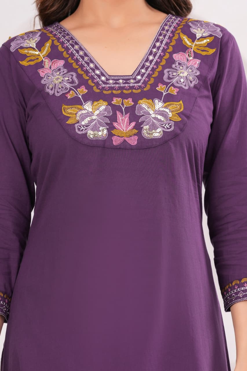 Royal Purple Pure Cotton Suit Set with Embroidery Patch Work