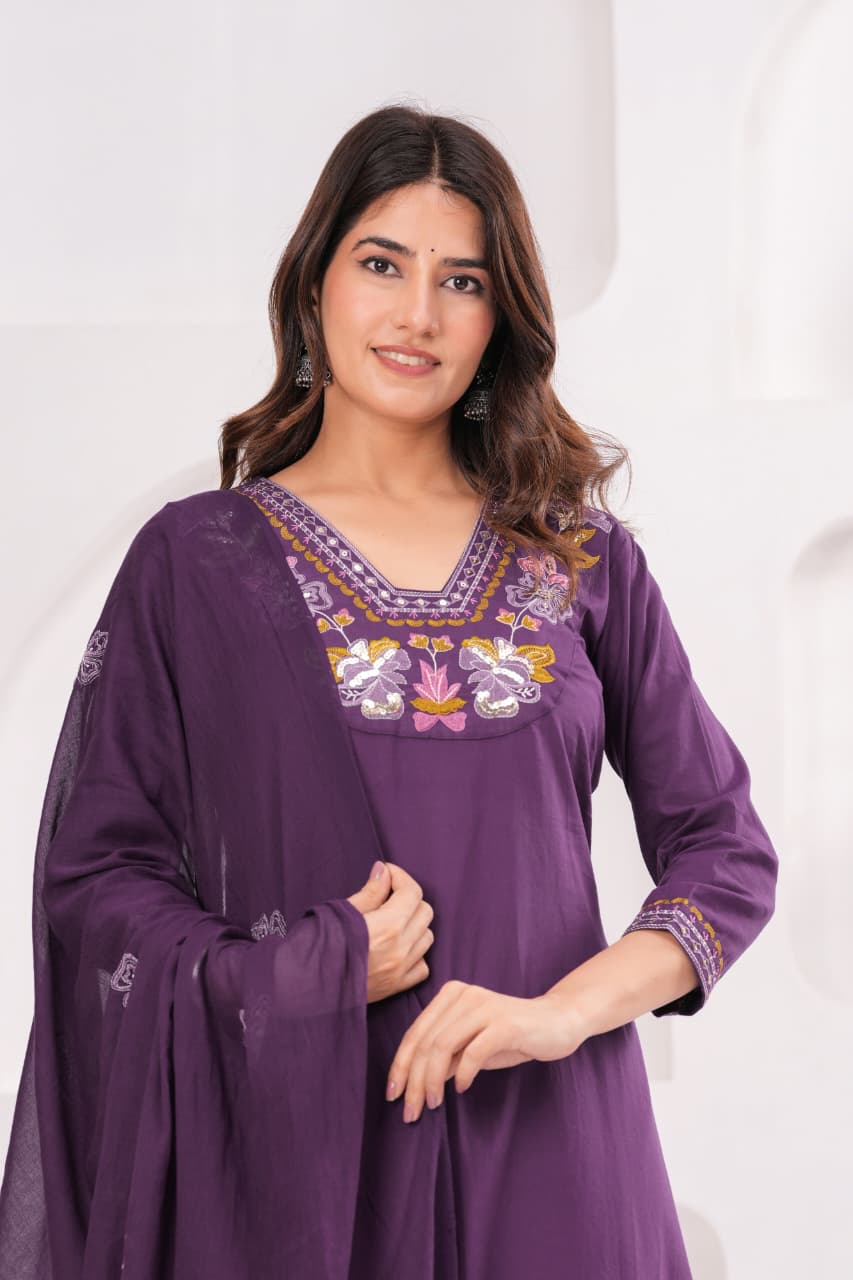 Royal Purple Pure Cotton Suit Set with Embroidery Patch Work