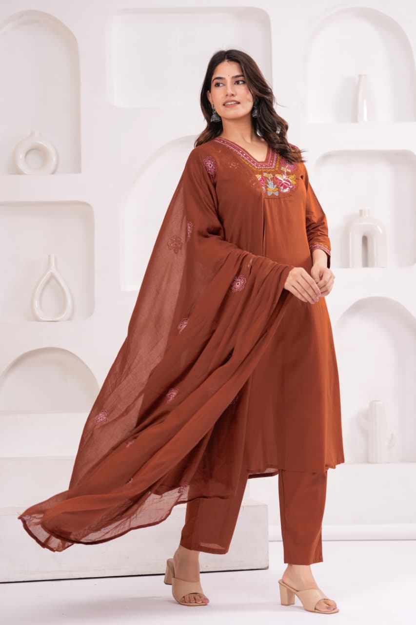 Rust Brown Pure Cotton Suit Set with Embroidery Patch Work