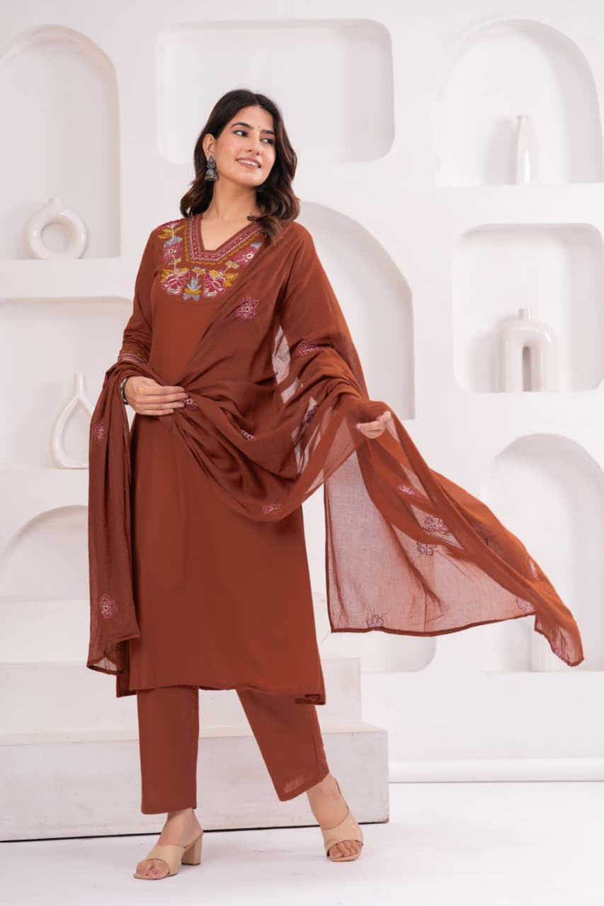 Rust Brown Pure Cotton Suit Set with Embroidery Patch Work