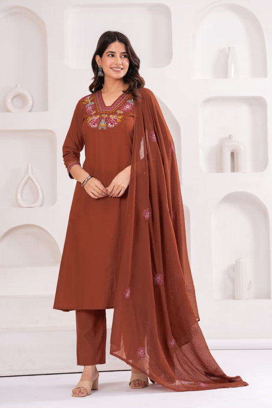 Rust Brown Pure Cotton Suit Set with Embroidery Patch Work