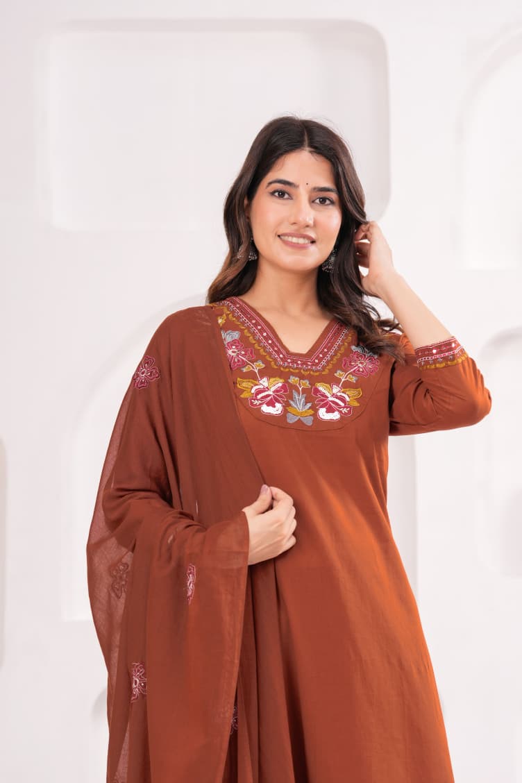 Rust Brown Pure Cotton Suit Set with Embroidery Patch Work