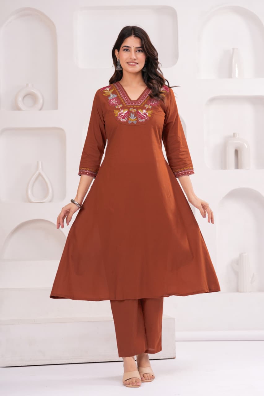 Rust Brown Pure Cotton Suit Set with Embroidery Patch Work