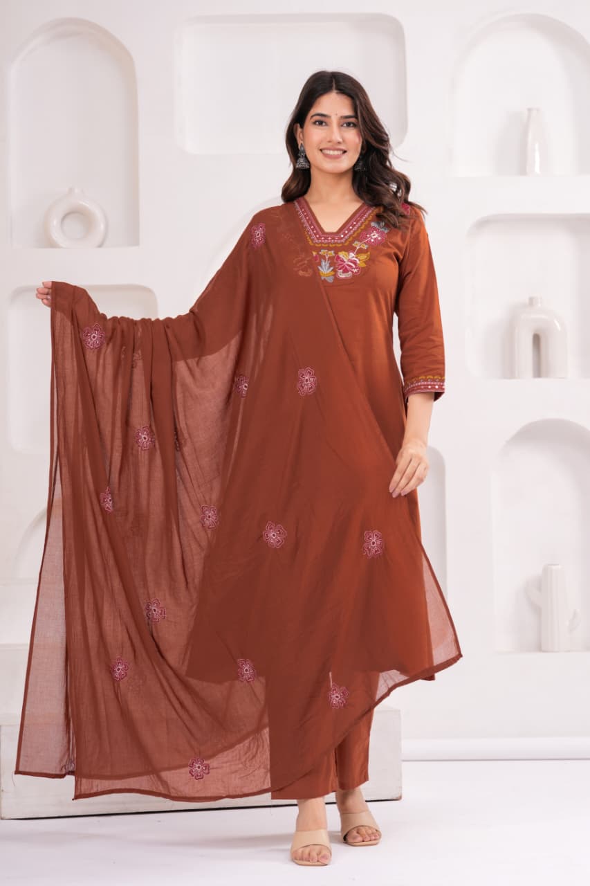 Rust Brown Pure Cotton Suit Set with Embroidery Patch Work