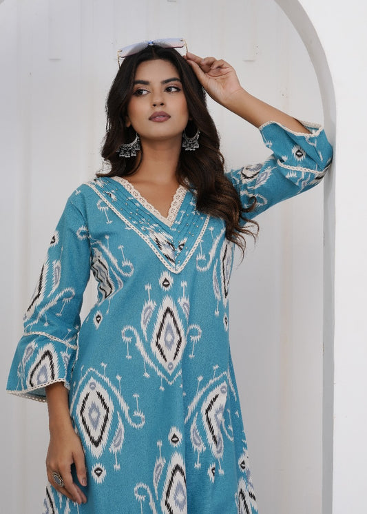 Aabha Jaipuri Cotton Coord Set – Turquoise Blue