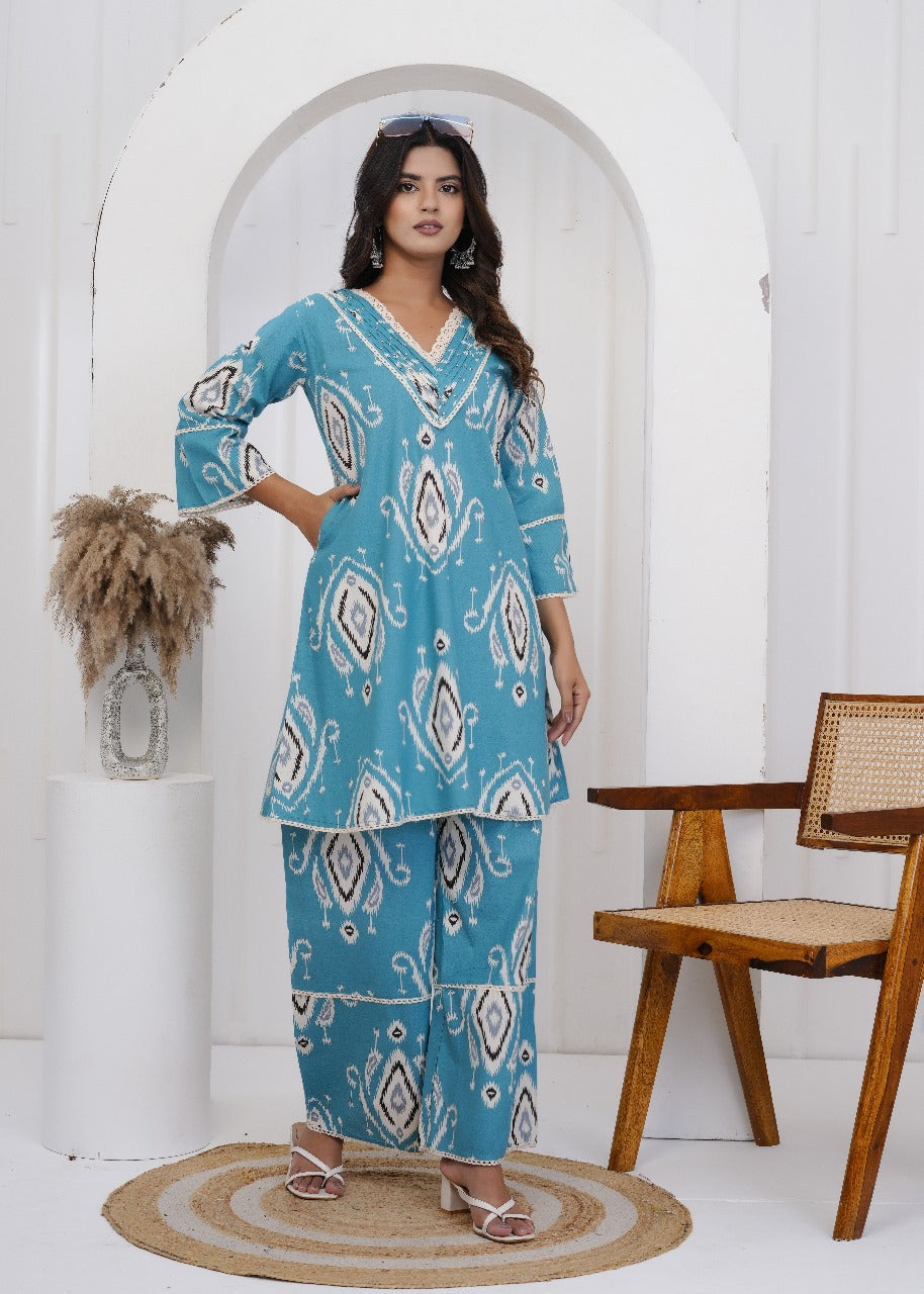 Aabha Jaipuri Cotton Coord Set – Turquoise Blue