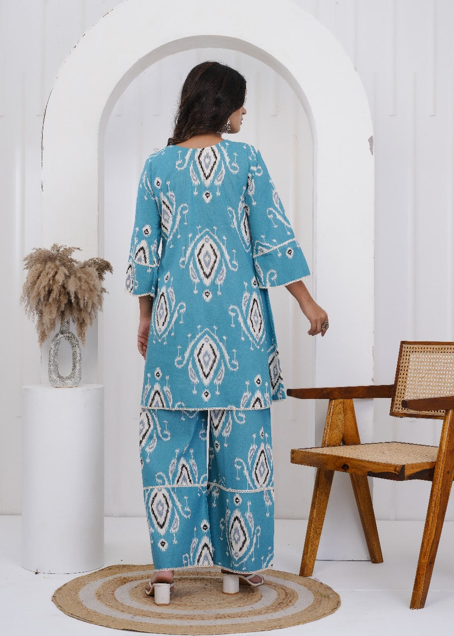 Aabha Jaipuri Cotton Coord Set – Turquoise Blue