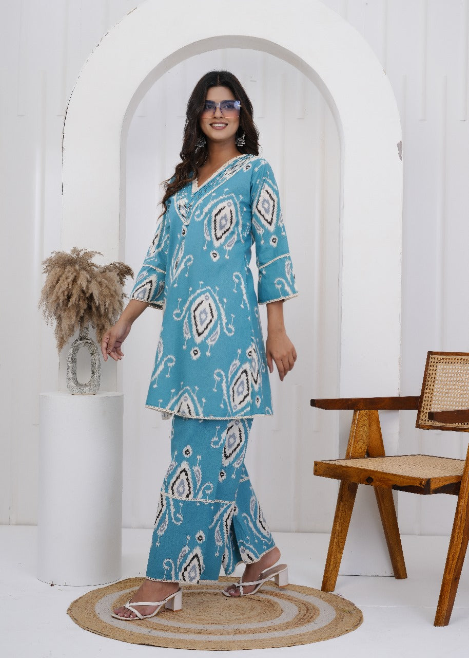 Aabha Jaipuri Cotton Coord Set – Turquoise Blue