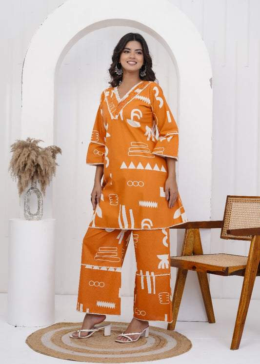 Tara Jaipuri Cotton Coord Set – Orange