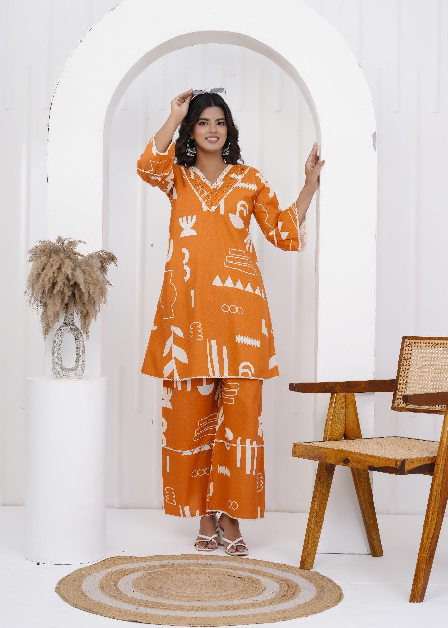 Tara Jaipuri Cotton Coord Set – Orange