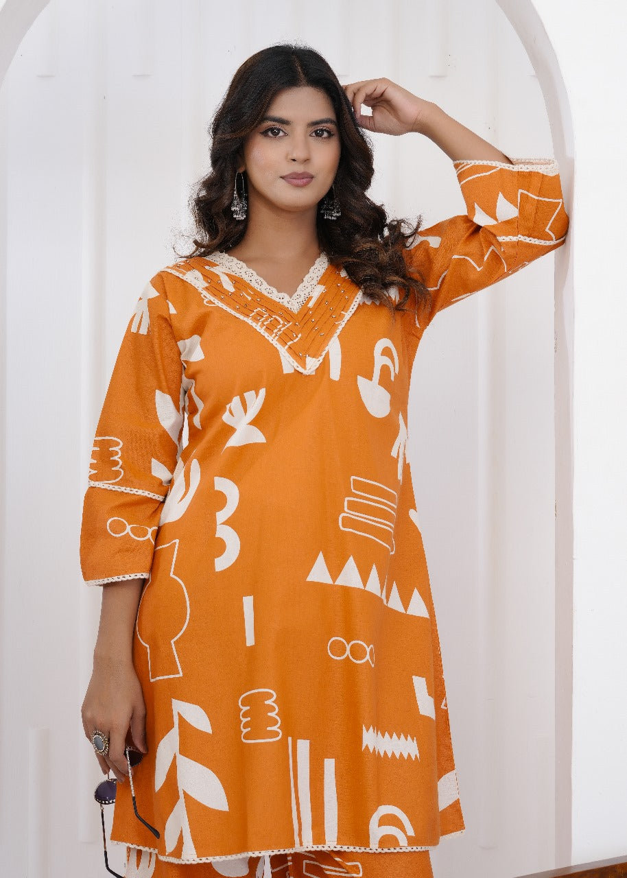 Tara Jaipuri Cotton Coord Set – Orange
