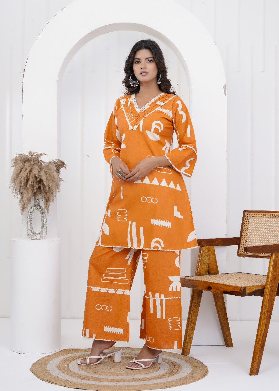 Tara Jaipuri Cotton Coord Set – Orange