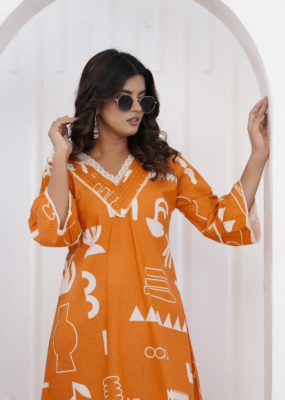Tara Jaipuri Cotton Coord Set – Orange