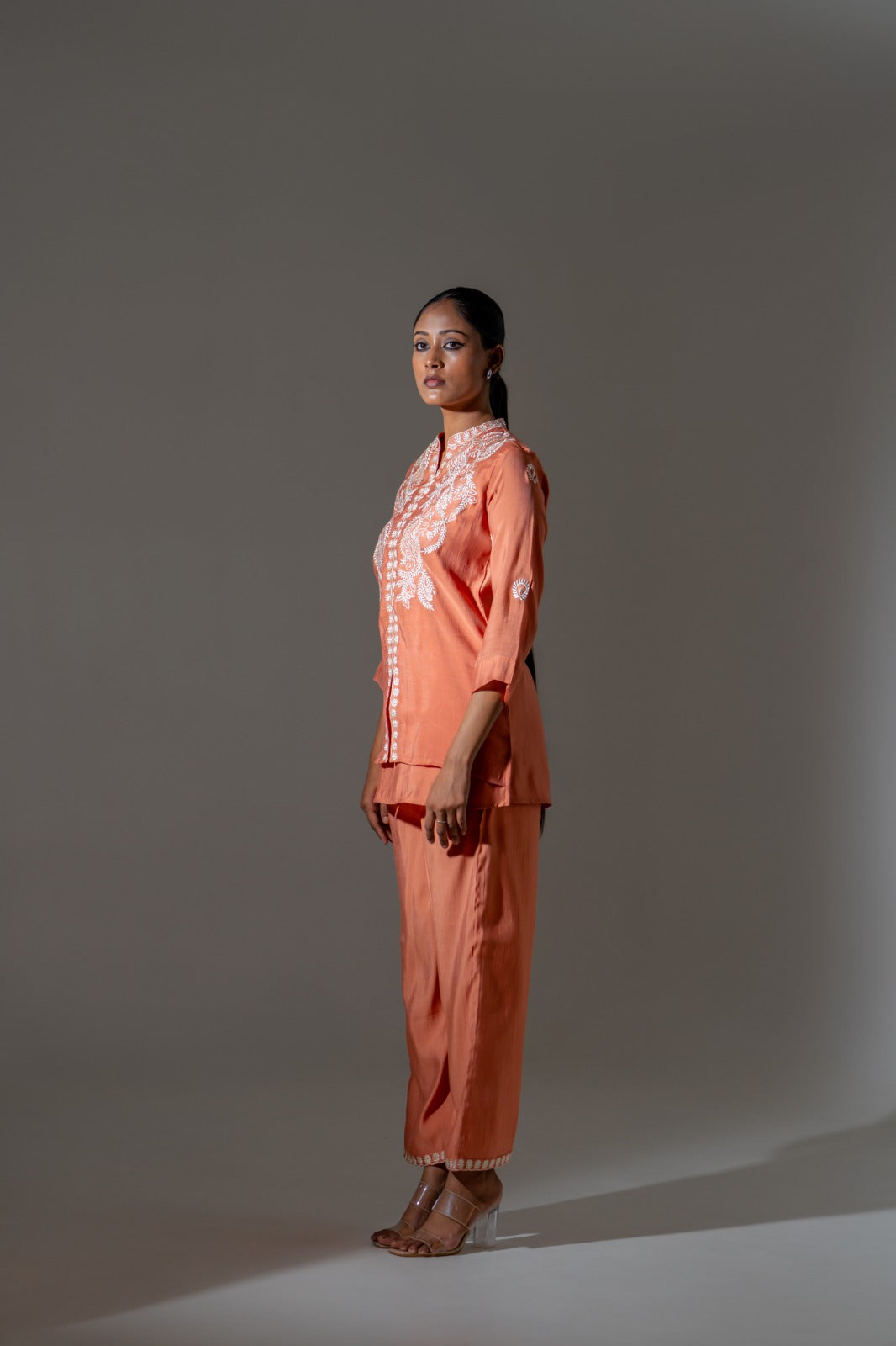Coral Glow Mul Chanderi Embroidered Co-ord Set