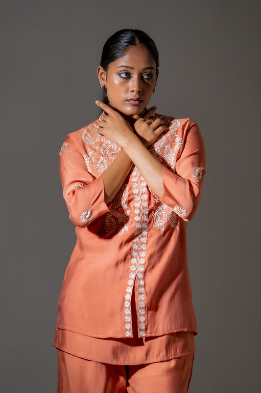 Coral Glow Mul Chanderi Embroidered Co-ord Set