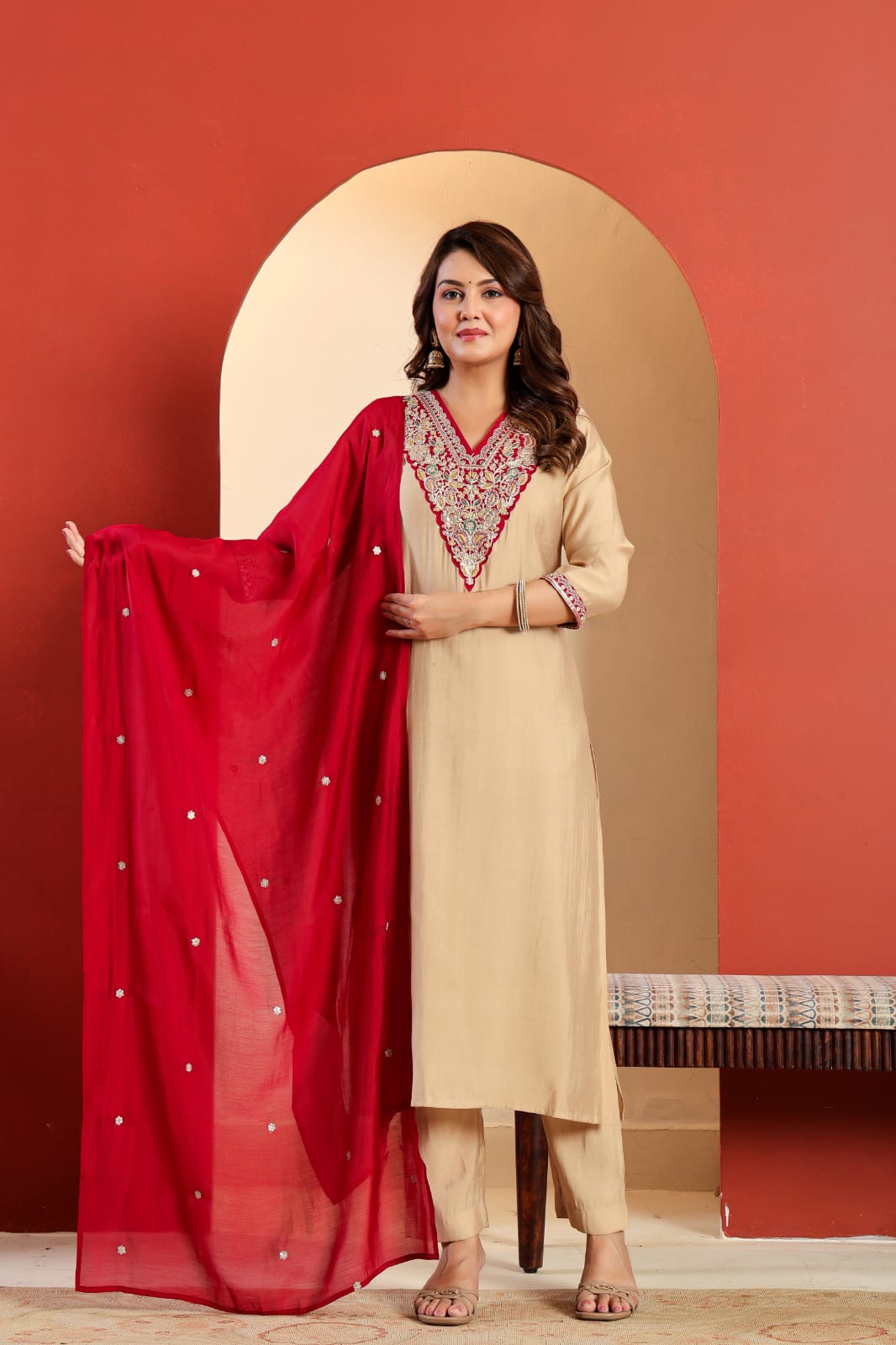 Ivory Rouge Embroidered Kurti Pant Dupatta Set