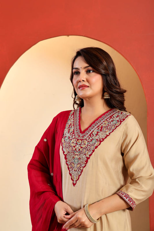 Ivory Rouge Embroidered Kurti Pant Dupatta Set