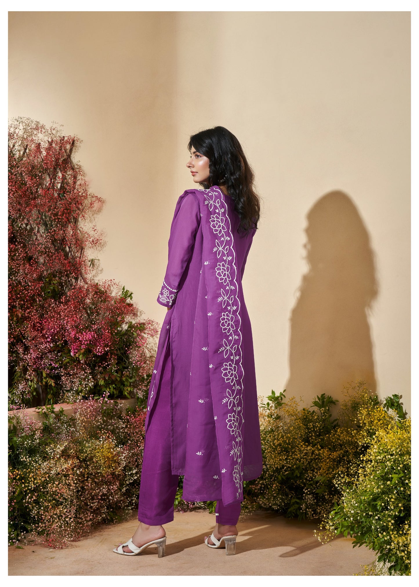 Amethyst Bloom Soft Organza Embroidered Kurti Pant Dupatta Set