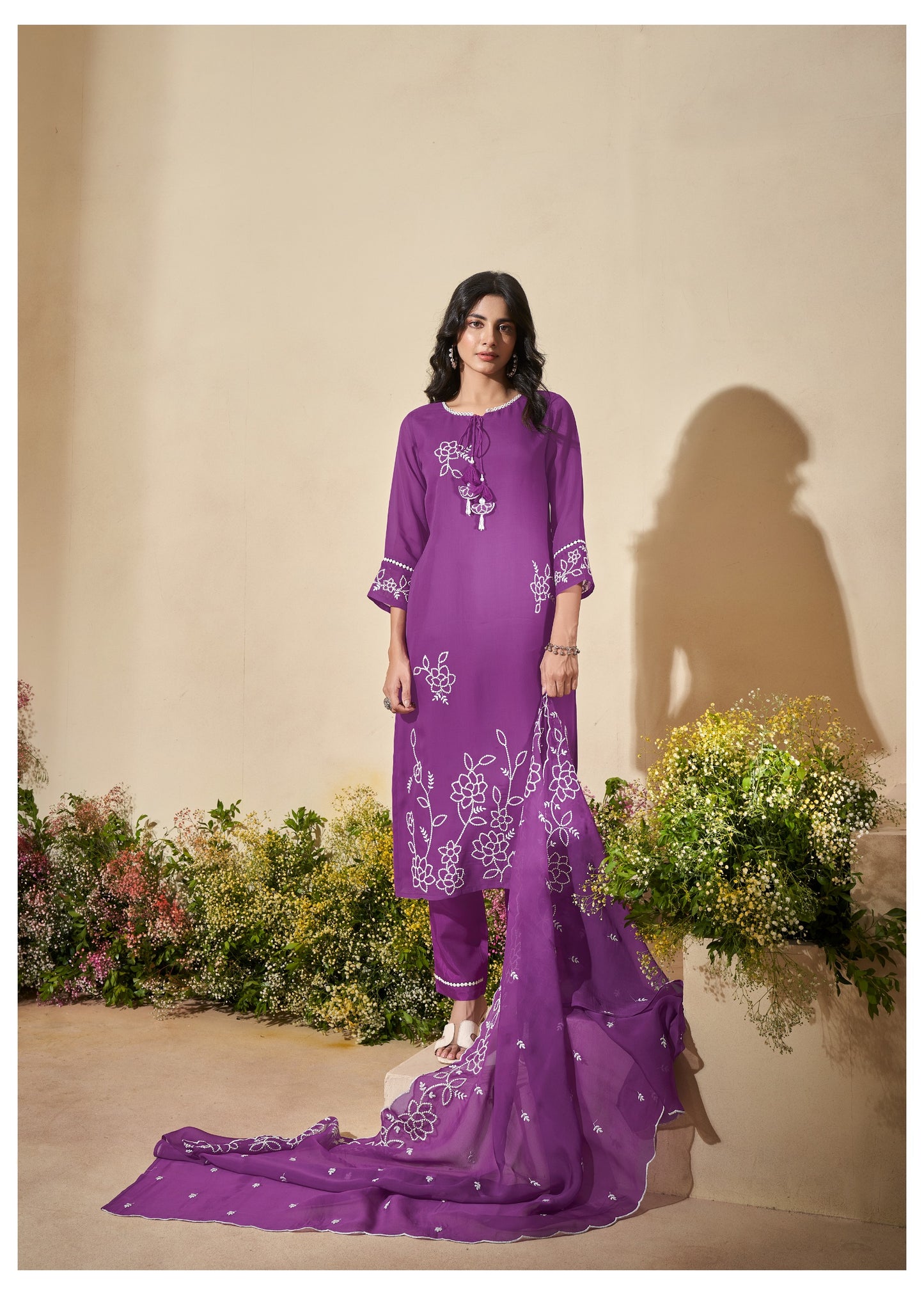 Amethyst Bloom Soft Organza Embroidered Kurti Pant Dupatta Set
