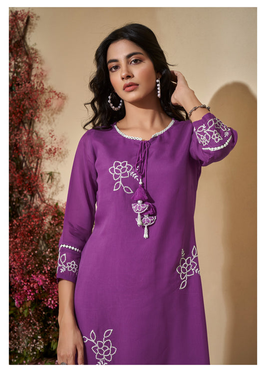 Amethyst Bloom Soft Organza Embroidered Kurti Pant Dupatta Set