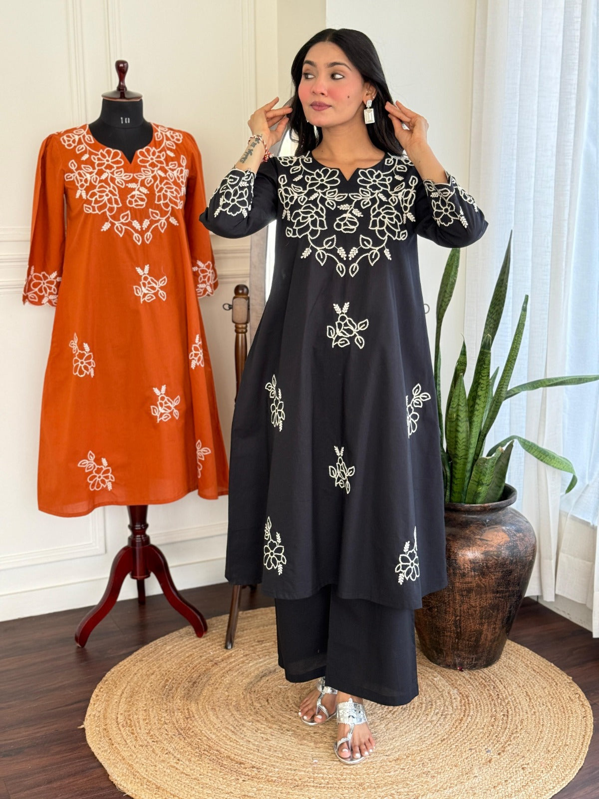Noir Bloom Embroidered Jaipuri Cotton Kurti Pant Set
