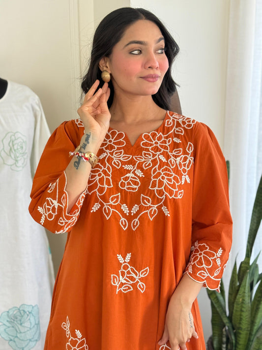 Amber Bloom Embroidered Jaipuri Cotton Kurti Pant Set